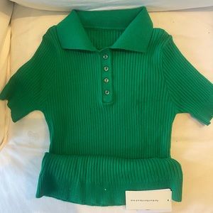 Commense green polo-style collared ribbed short sleeve sweater